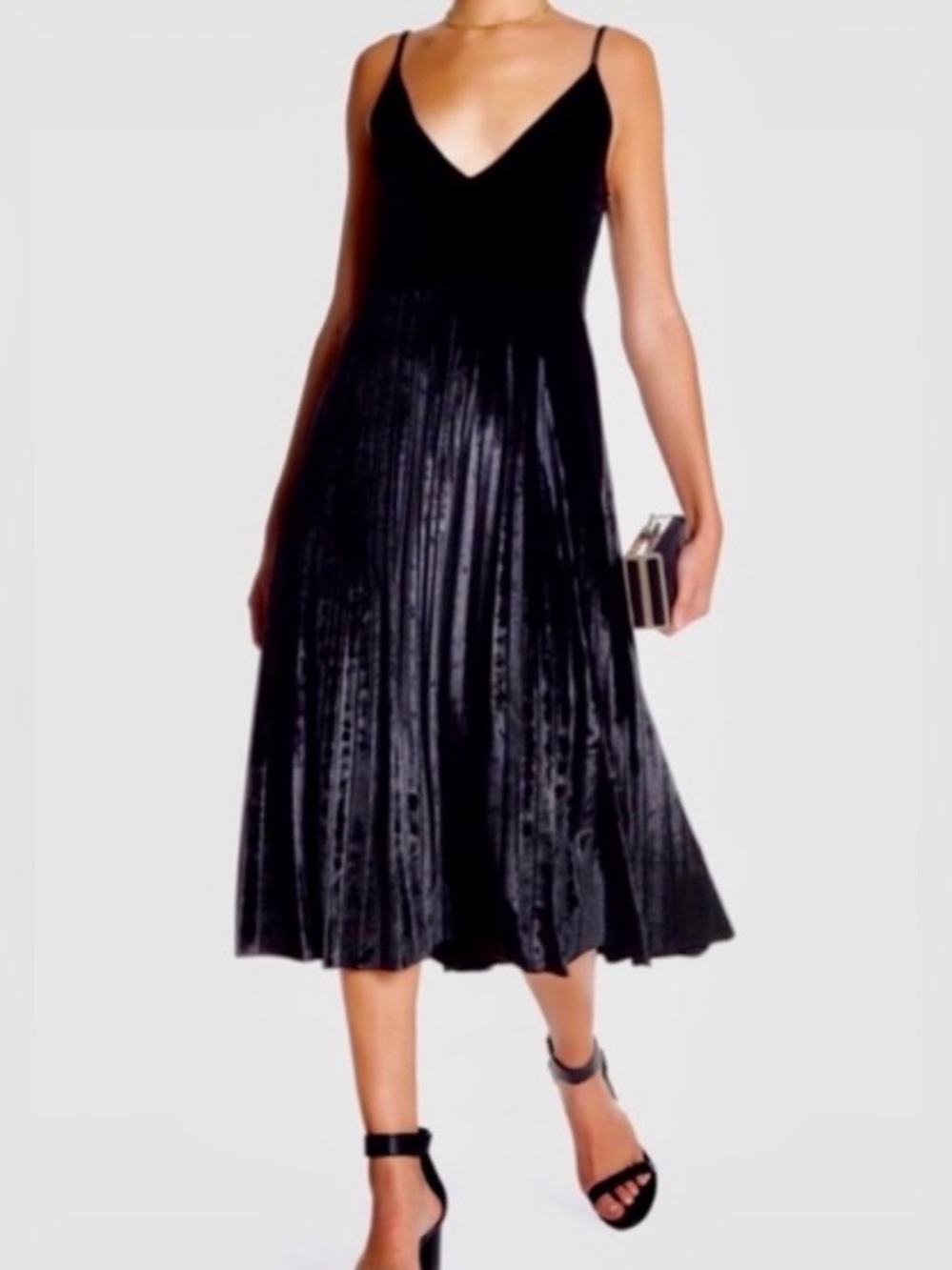 Free Press Black Velvet Pleated V-Neck Cami Midi Dress Size M